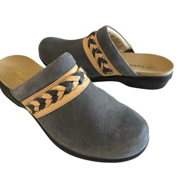 Spenco Topanga Clog Mule Blue Beige 10D Suede Braided Slip On Flat Comfort - Picture 3 of 14